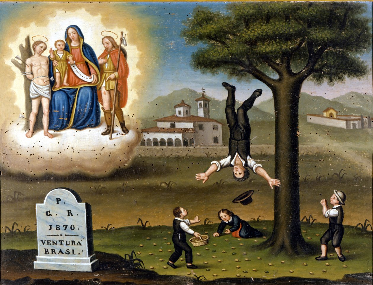 Fald af et træ. Øverst til venstre Madonnaen mellem San Sebastian og San Roch. Ex voto fra 1870. af Unknown artist