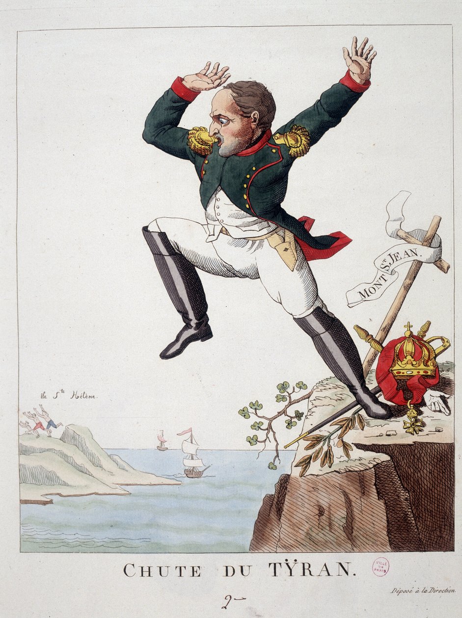 Tyrannens fald: Napoleon hopper fra Mount St John (Slaget ved Waterloo) til St. Helene Island - i "" Napoleon 1st, karikaturer, dummy-samling"", af Unknown artist