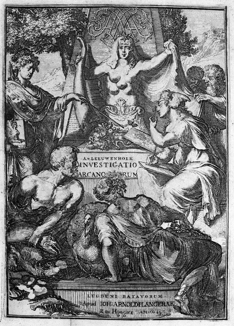 Falsk titel på værket "Investigato Arcanorum" af den hollandske handelsmand og lærd Antoine van Leeuwenhoek (eller Leeuvenhoek Leeuwenhoeck) (eller Antoni eller Anthonie) (1632-1723) 1722. af Unknown artist