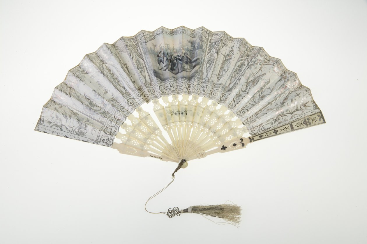 Ventilator, ca. 1850, Malet papir, ben, sølv og silke-og-metallisk trådkvast, Fremstilling ukendt af Unknown artist