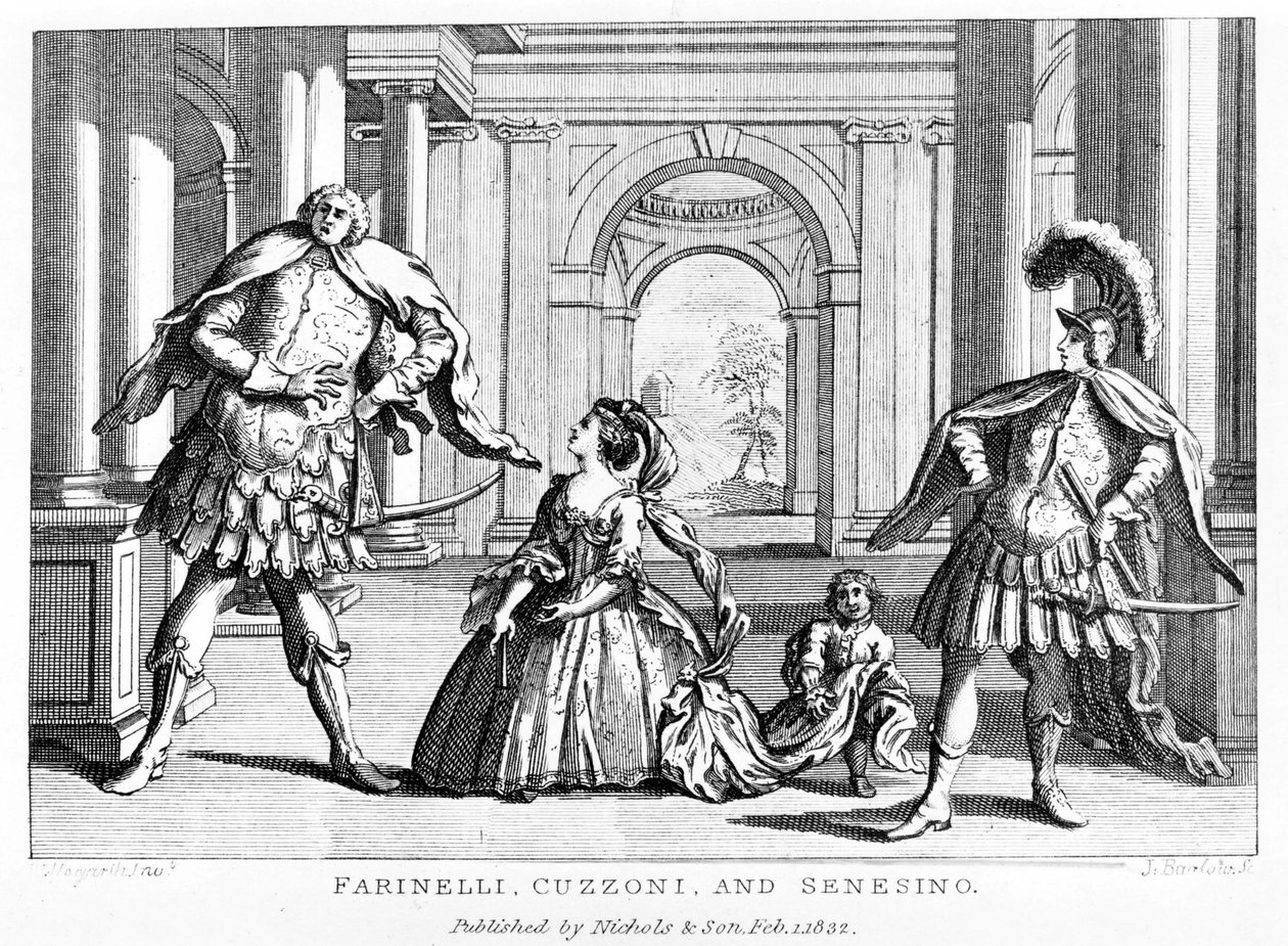 Farinelli (Carlo Broschi, dit; 1705 - 1782) med sopranen Cuzzoni og kastraten Francesco Bernardo Senesino (1680 - 1750) i operaen af ​​George Frederick Handel (Georg Friedrich Handel af Unknown artist