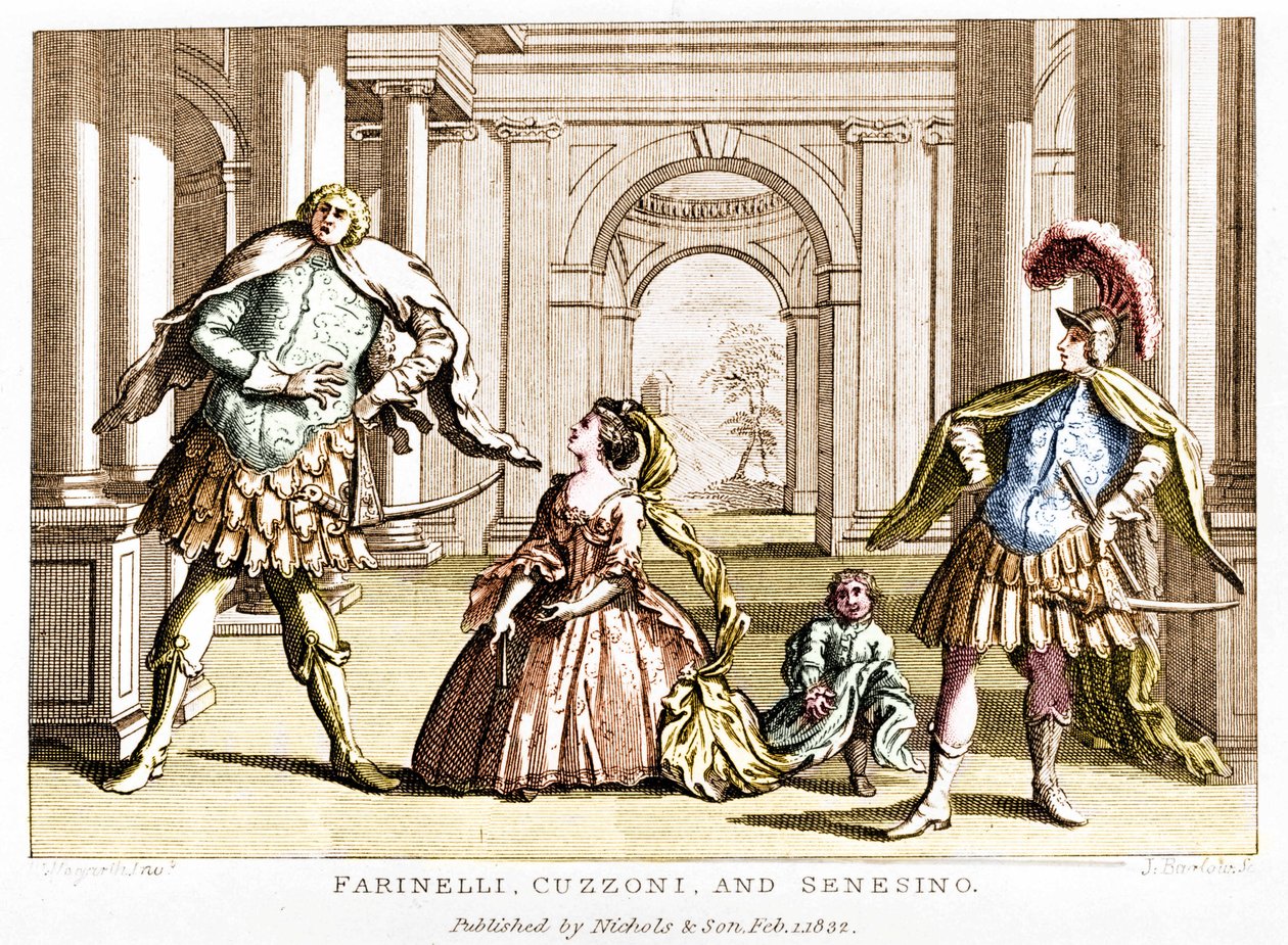 Farinelli (Carlo Broschi, dit; 1705 - 1782) med sopranen Cuzzoni og kastraten Francesco Bernardo Senesino (1680 - 1750) i operaen af ​​George Frederick Handel (Georg Friedrich Handel af Unknown artist