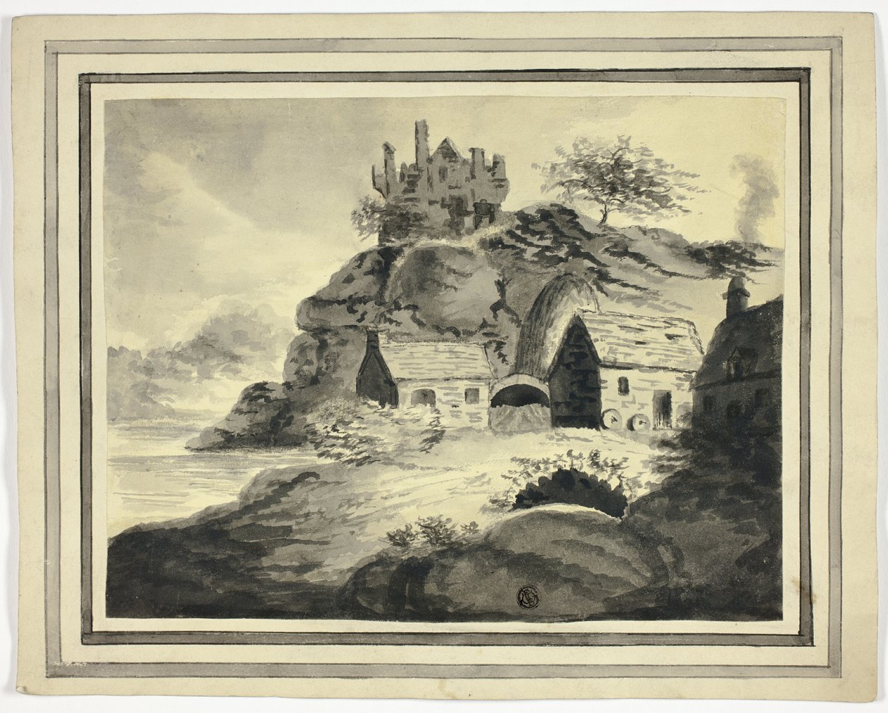 Gård med overhængende klippe og slot af Unknown artist