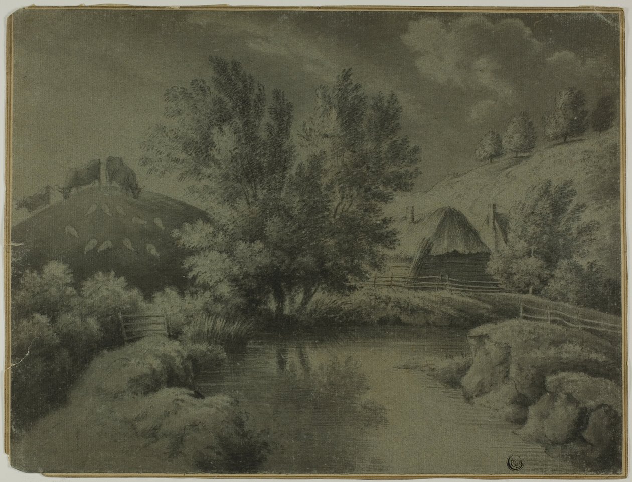 Gård med dam i forgrunden, køer græsser på bakken af Unknown artist