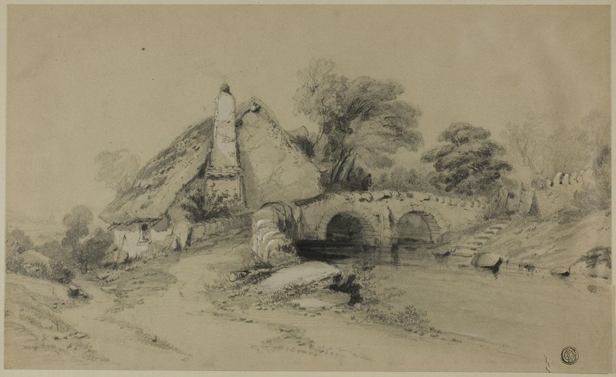 Gård med stråtag nær stenbroen af Unknown artist