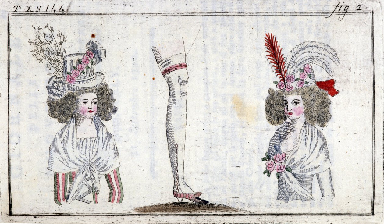 Mode 1700-tallet: frisure og strømpebånd af kvinder omkring 1788. af Unknown artist