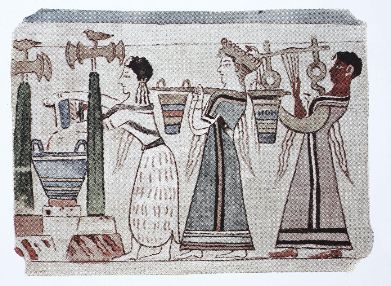 Mode, Ægæisk fønikisk kultur, 2000-500 f.Kr. Kvinder med vandspande bag en harpespiller af Unknown artist