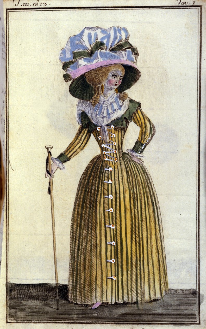 Mode: elegant ung kvinde med stok. 1787 af Unknown artist