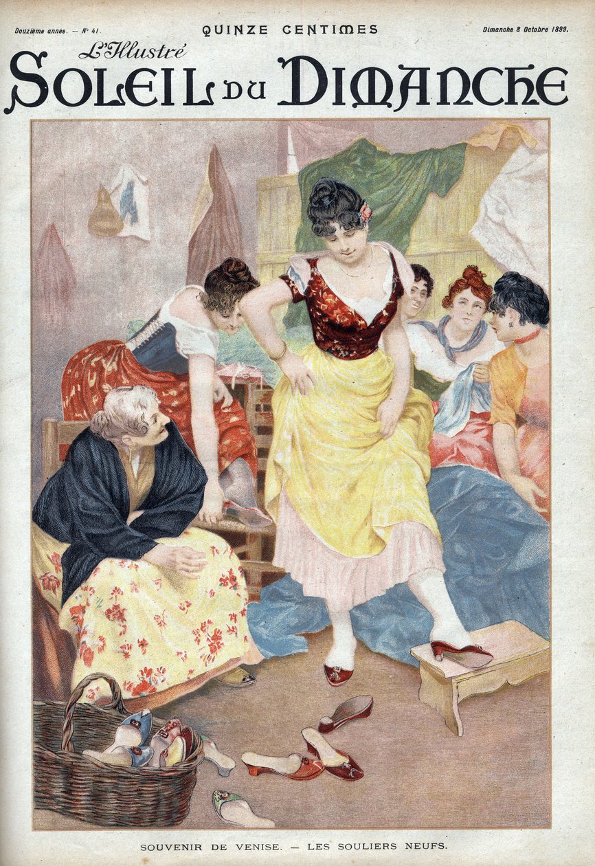 Mode sidst i det 19. århundrede: nye sko fra Venedig. Kvinder prøver sko fra den italienske by. Indgravering i "" Le sun-du-dimanche"", 8. oktober af Unknown artist