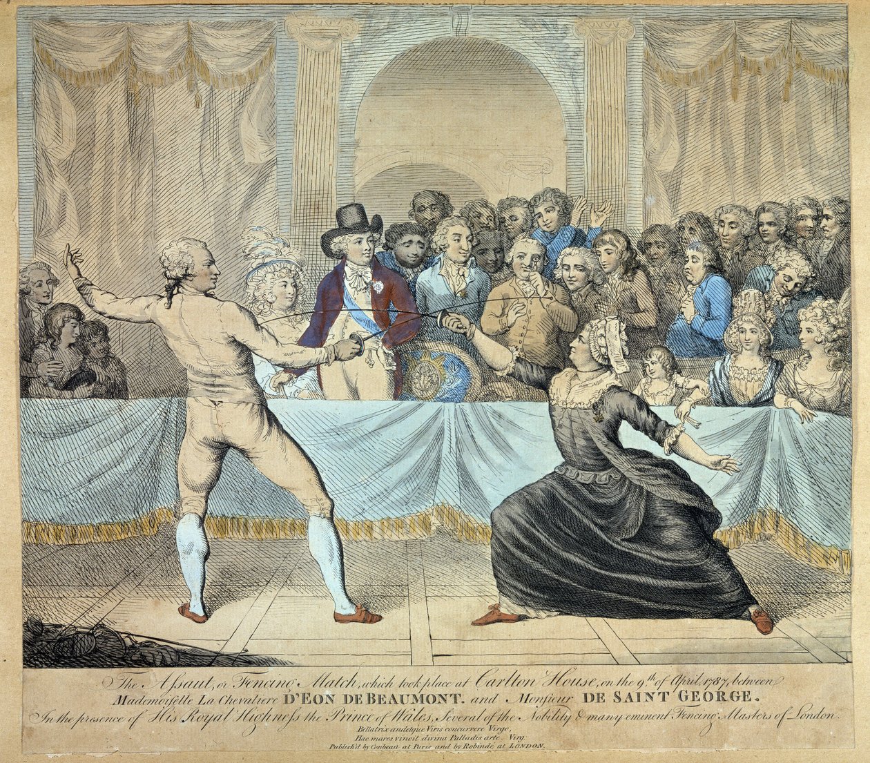 Fægtekamp mellem ridderen af Eon de Beaumont og Monsieur de Saint George, 9. april 1787. Gravering af Unknown artist