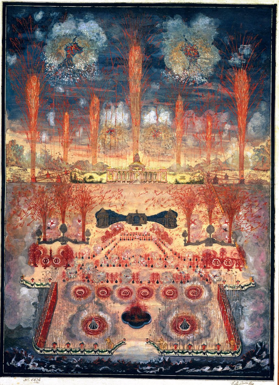 Fyrværkeri og belysninger den 16. juni 1744 i Moskva (Rusland). Anonymt værk, akvarel og gouache på pap, midten af ​​1700-tallet. Rokoko kunst. Statens Historiske Museum, Moskva. af Unknown artist