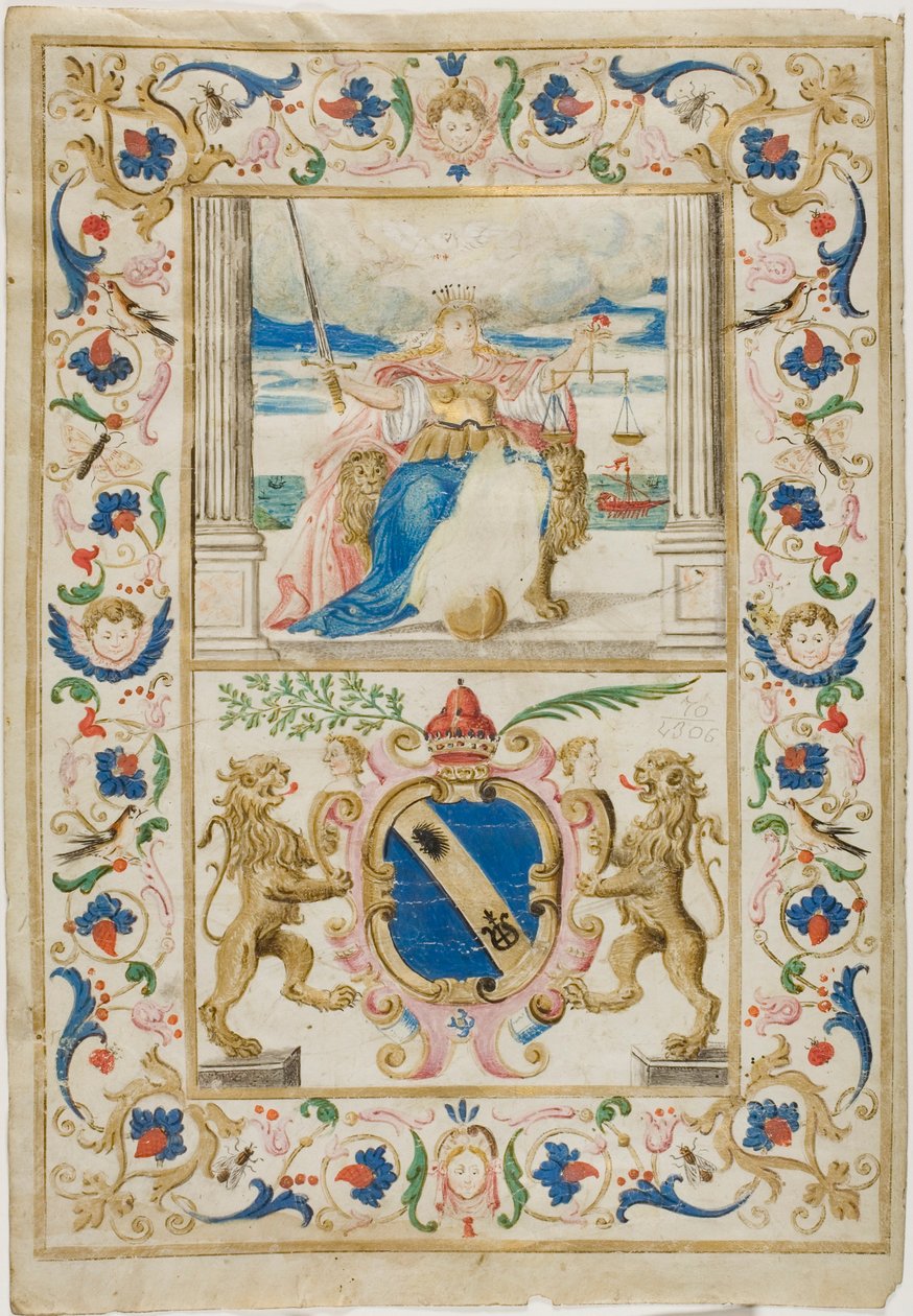 Figur af retfærdighed og skjold med løver, der kæmper af Unknown artist