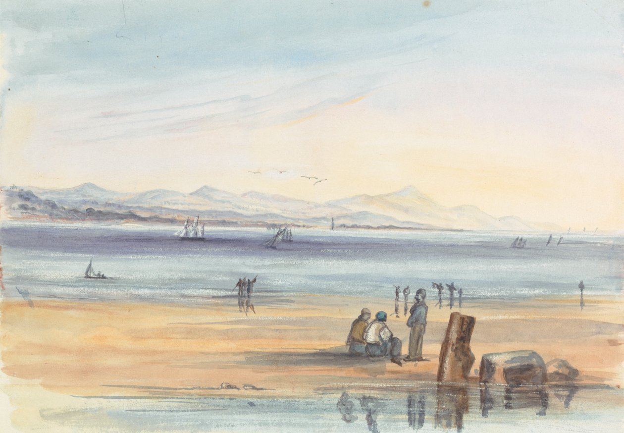 Figurer på en strand med bjerge i det fjerne af Unknown artist