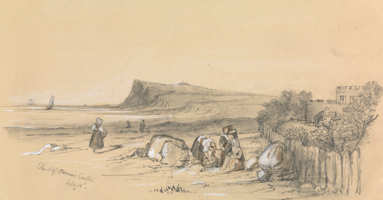 Figurer på en strand med Walmer Castle i det fjerne af Unknown artist