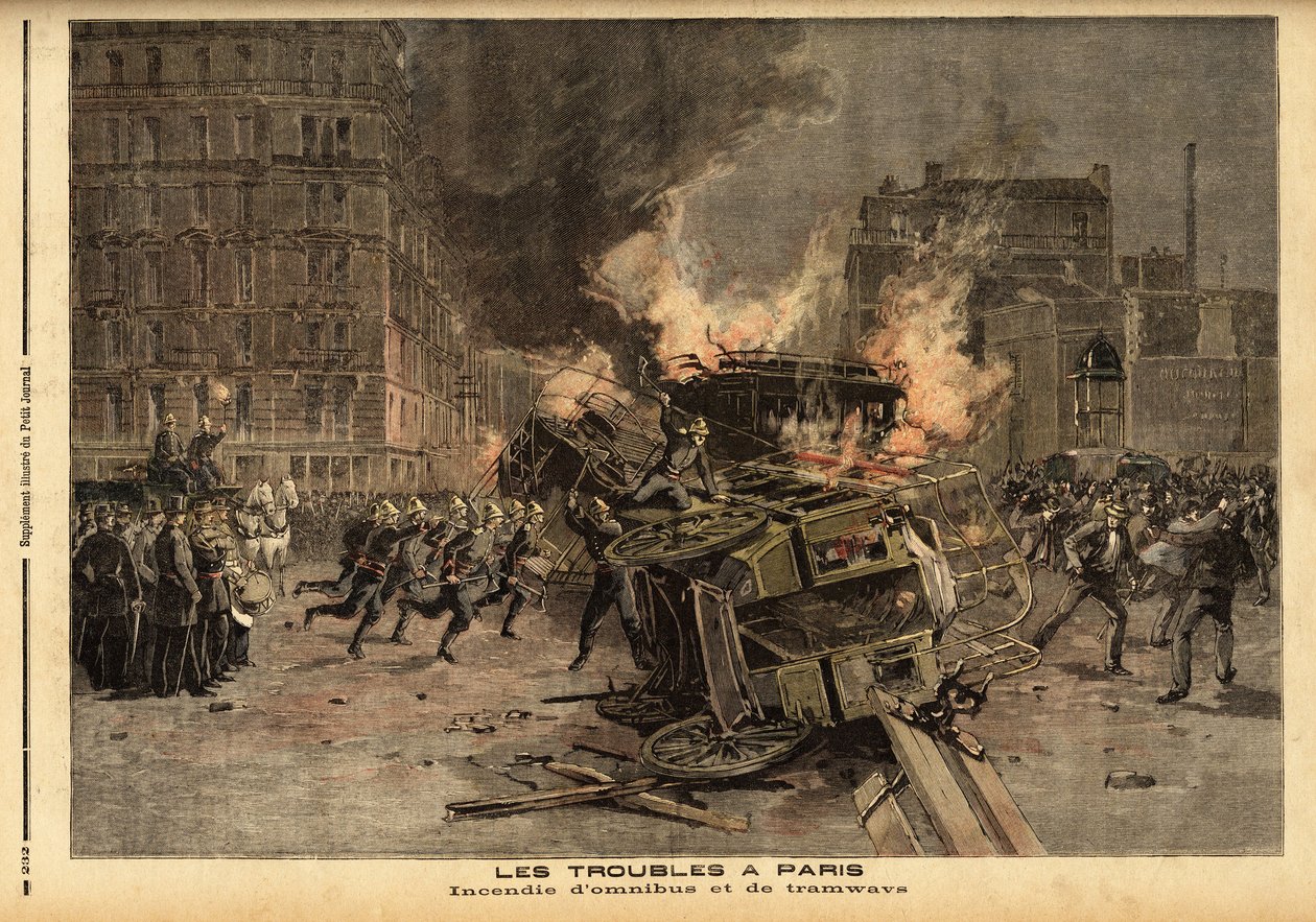 Brand af omnibusser og sporvogne i Paris: en brutalt undertrykt studenterdemonstration bliver til et generelt optøj. Indgravering i "" Le petit journal"" 22/07/1893. Selvas samling. af Unknown artist