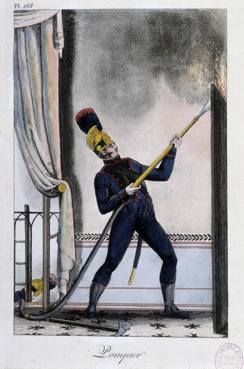 Brandmand med vandlanse, slukning af brand - ca. 1830 af Unknown artist