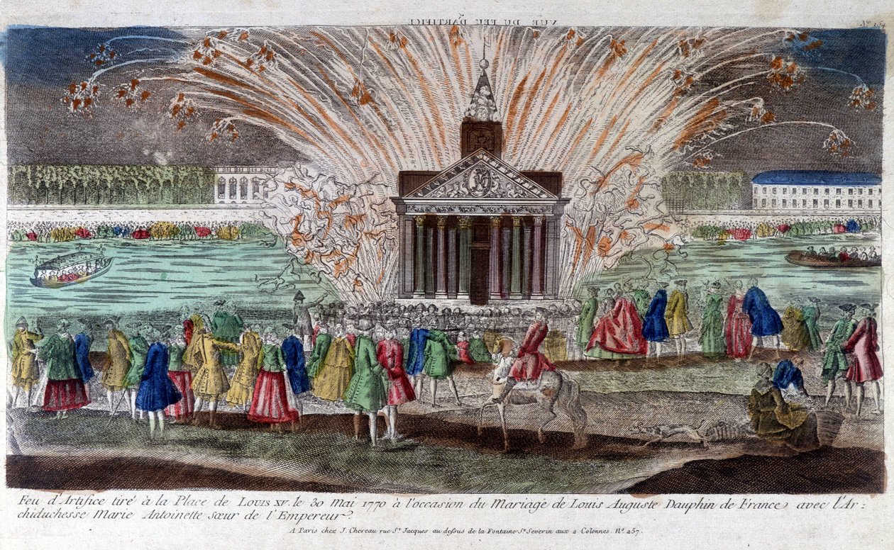 Fyrværkeri affyret på Place de Louis XV den 30. maj 1770 i anledning af ægteskabet mellem Louis Auguste, Dauphin af Frankrig med ærkehertuginde Marie Antoinette, søster til kejseren. Gravering sidst i 1700-tallet. af Unknown artist