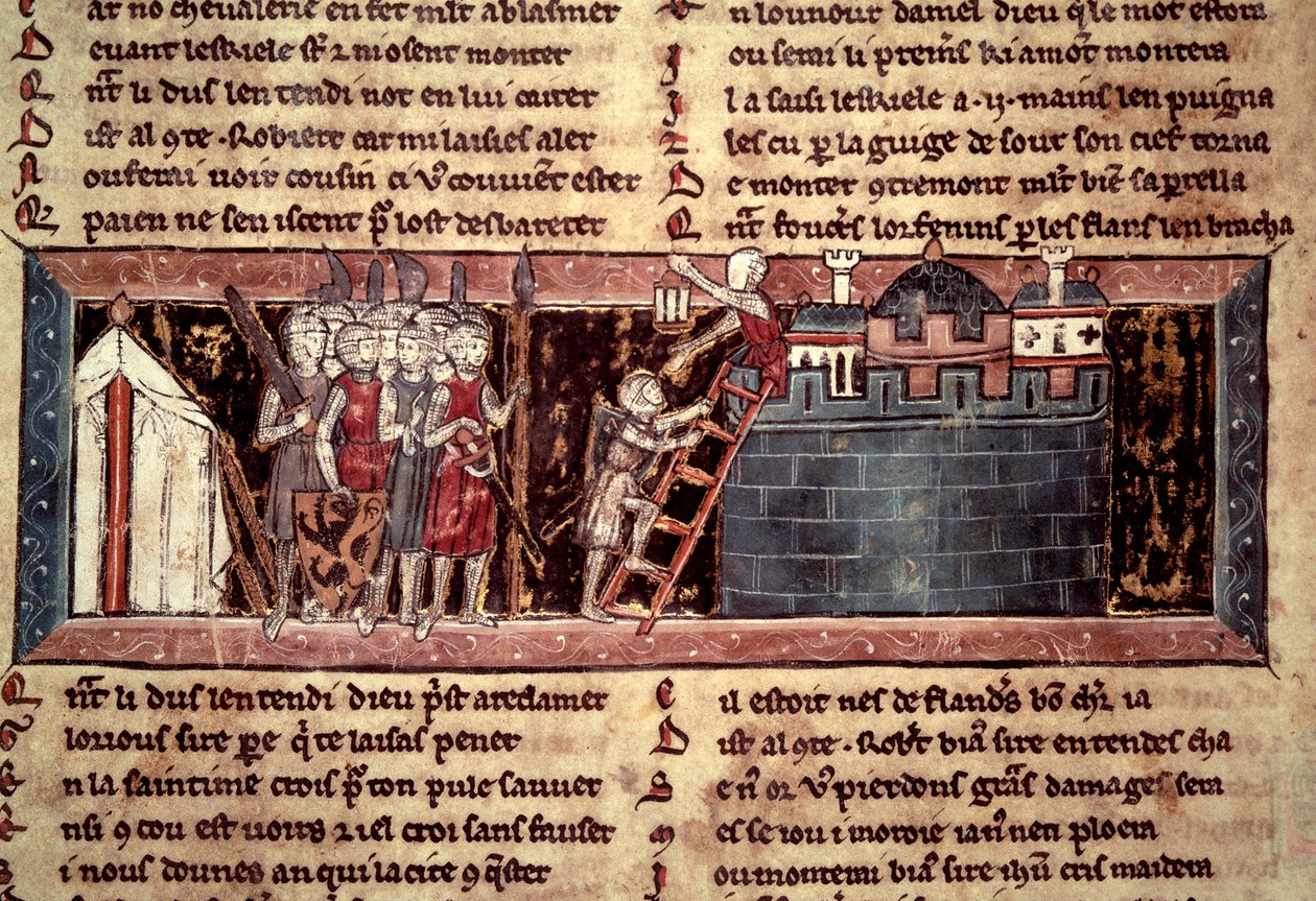 Første korstog: "Korstogene, der ankommer før Jerusalem". Miniature fra "" Chevalier au Swan et Godefroi de Bouillon"" af Unknown artist