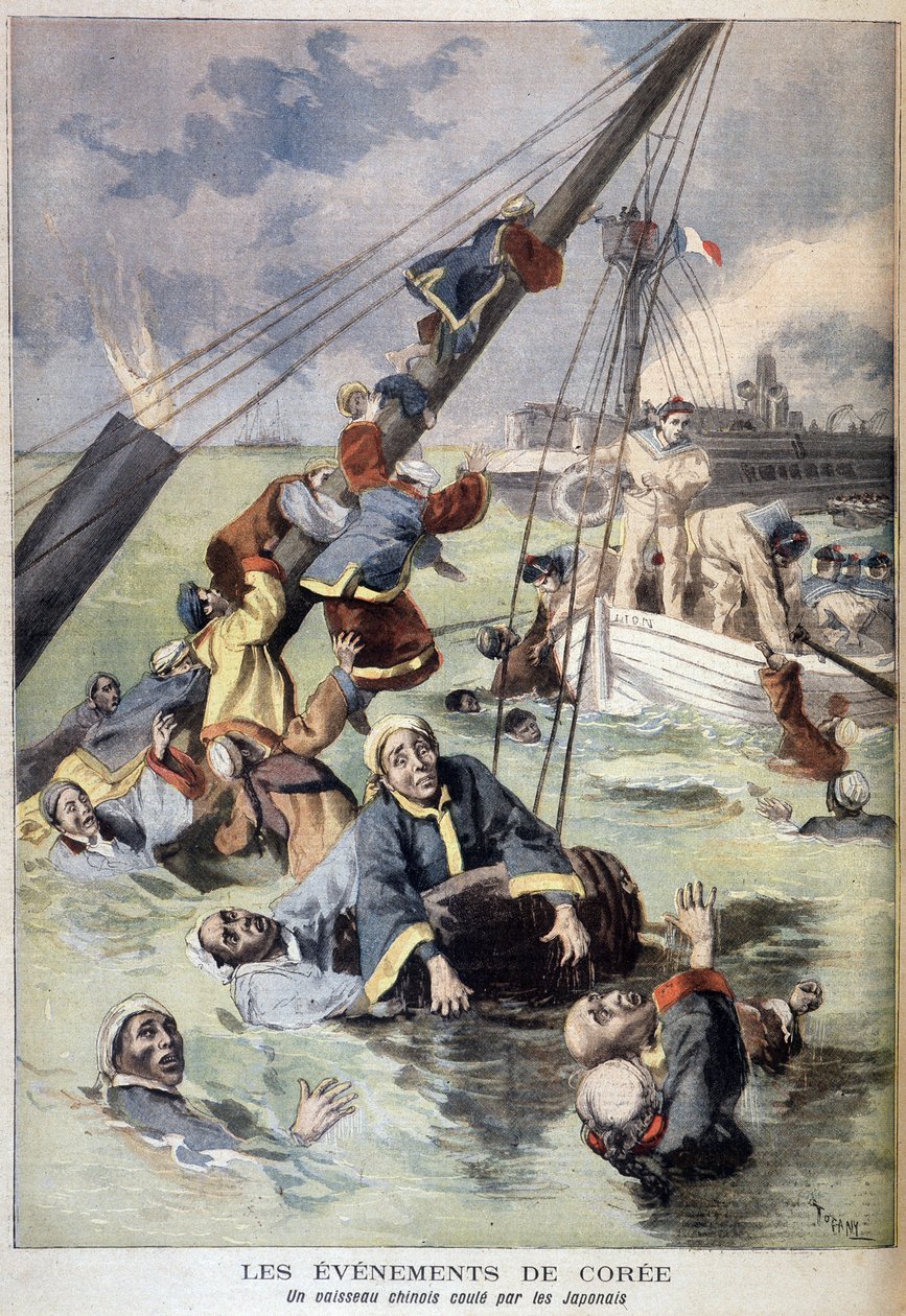 Første kinesisk-japanske krig - begivenheder i Korea: Et kinesisk skib sænket af japanerne. Illustration - i "Le Petit Journal" fra august 1894 (gravering) af Unknown artist