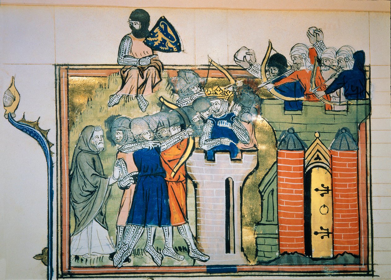 Første korstog: Godefroi (eller Godefroy) af Bouillon (1058-1100) i et rundt tårn angreb Jerusalem i 1099. Miniature fra "" Roman De Godefroy De Bouillon et de Saladin" af Unknown artist