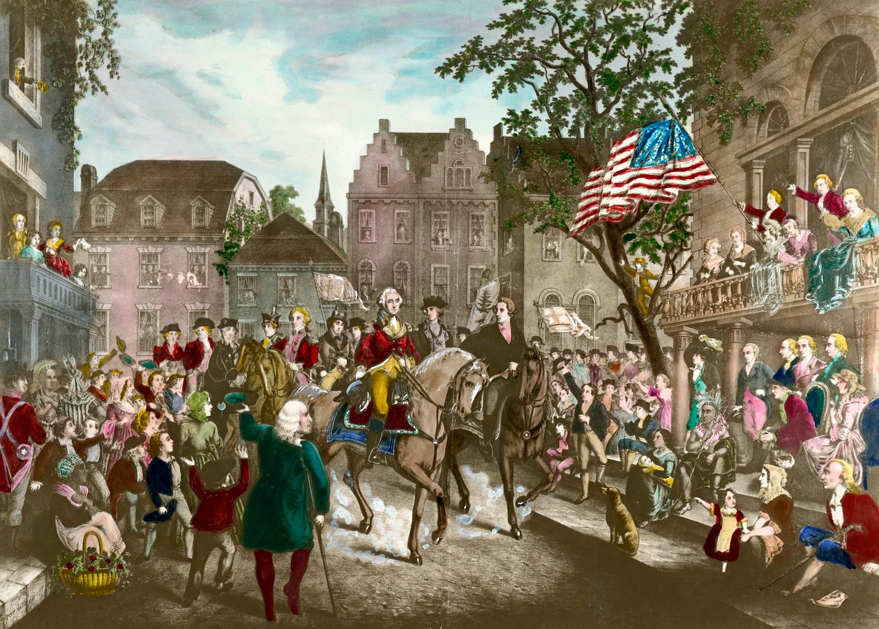 Første af den amerikanske uafhængighedskrig: George Washington (1732-1799) triumferende indtog i New York efter det engelske nederlag af Unknown artist