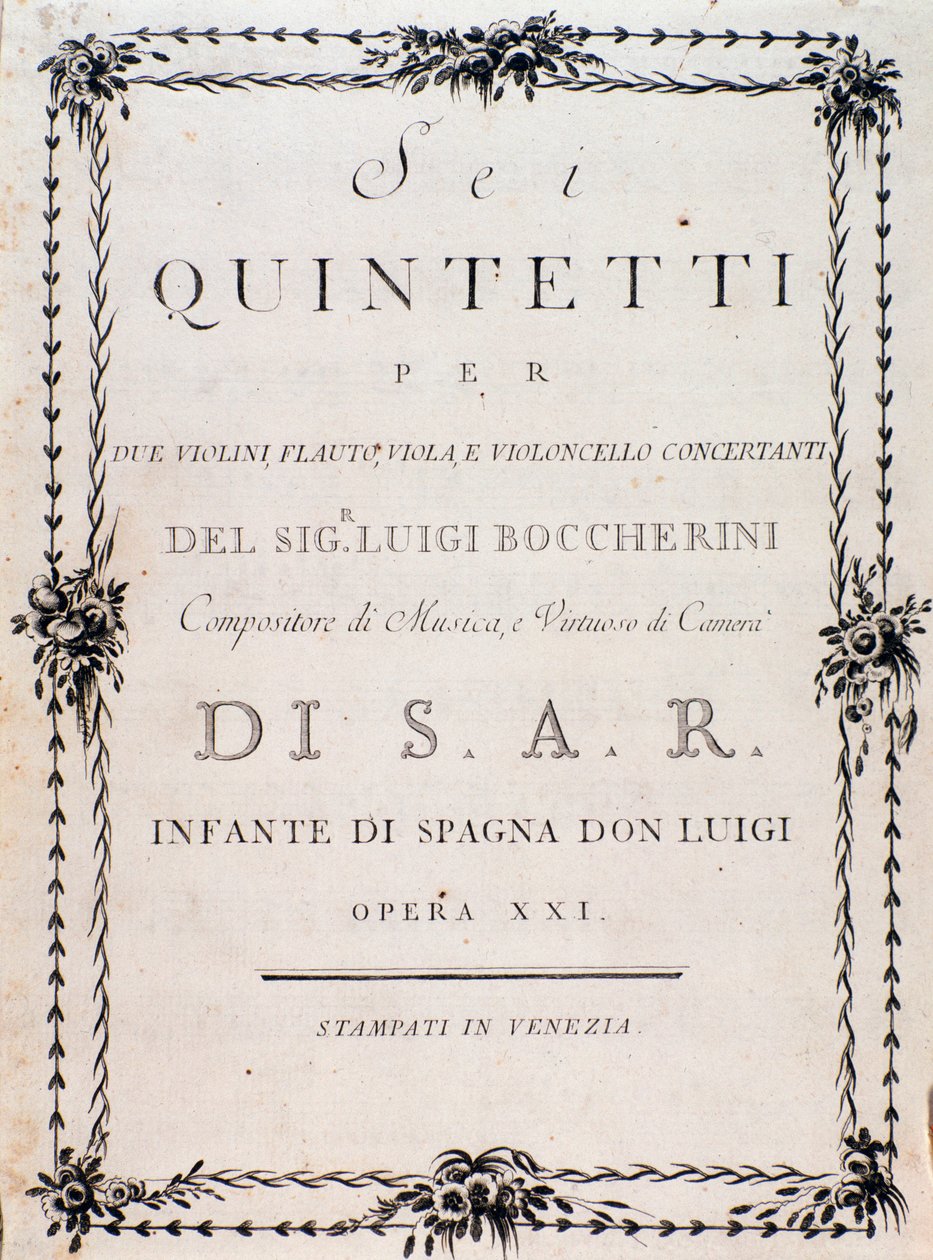 First page of musical score of “” Sei quintetti per due violini flauto viola e violoncello ”” by Luigi Boccherinidani af Unknown artist