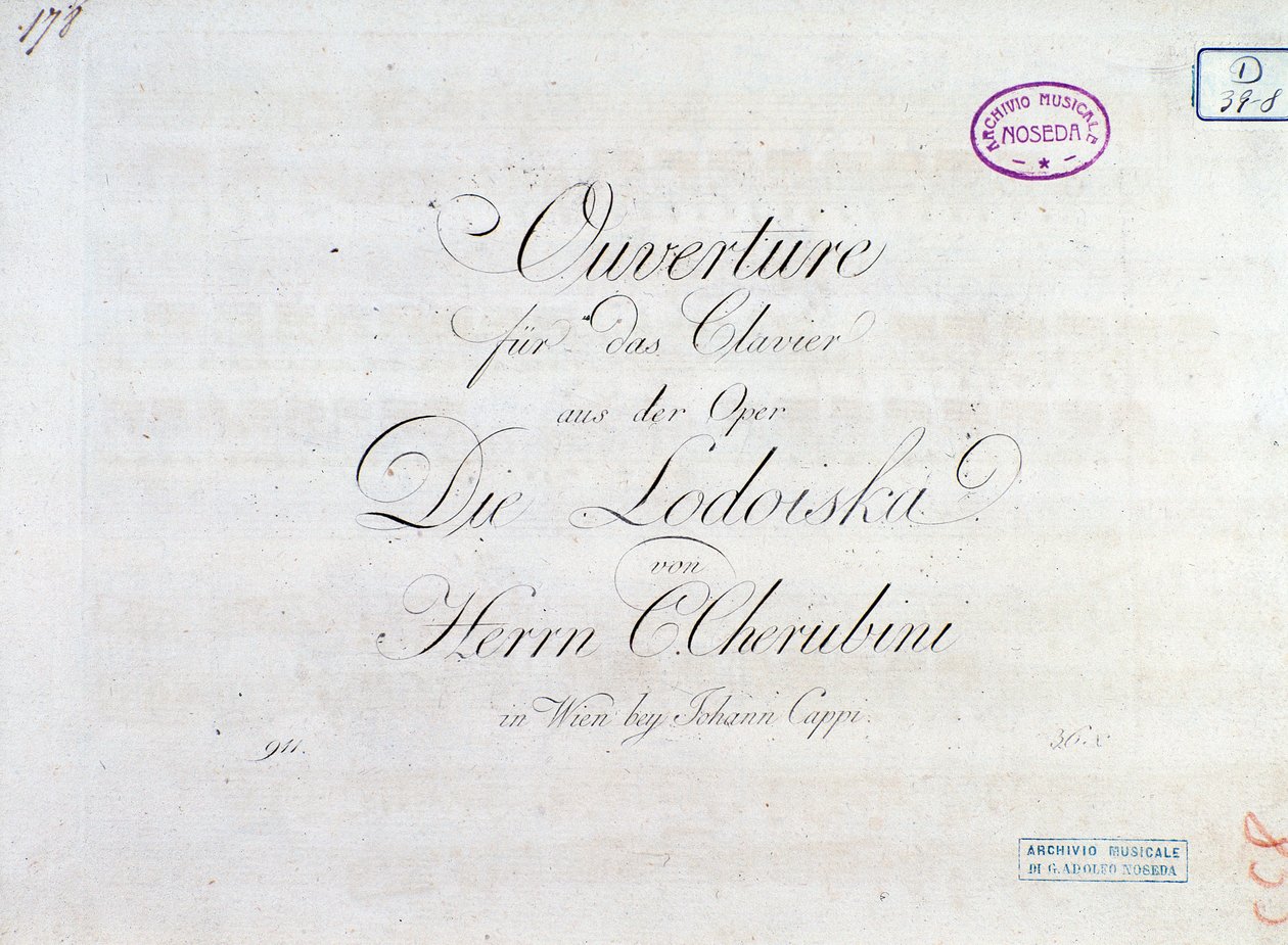 Første side med partitur af ouverture for pianoforte fra operaen "" Lodoiska"" af Luigi Cherubini af Unknown artist
