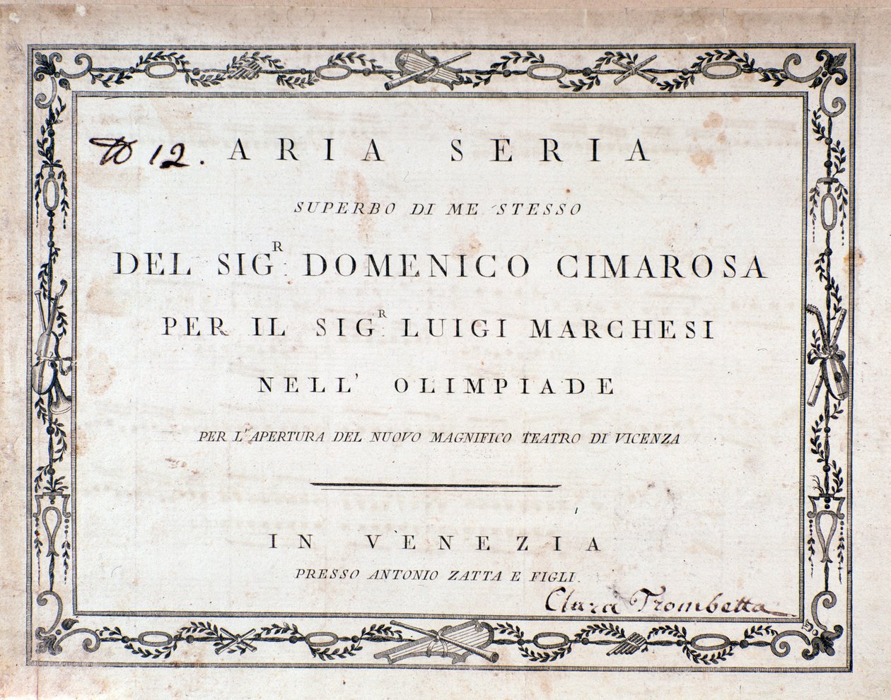 Første side af det musikalske partitur af Aria Seria af Domenico Cimarosa af Unknown artist
