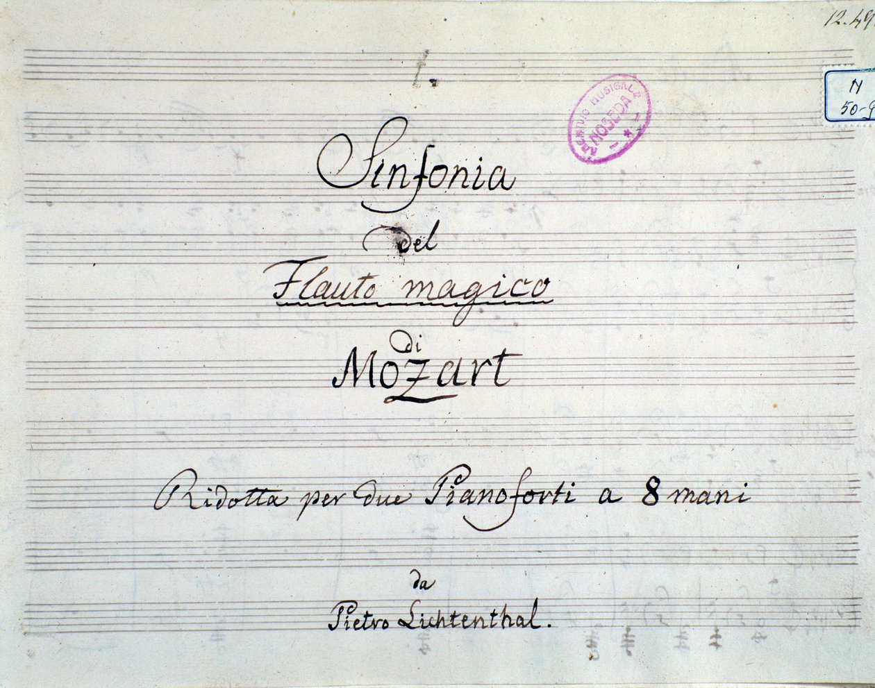 Første side af symfonipartituret reduceret til to klaverer og otte hænder af Die Zauberflote, opera af Mozart, Lichtenthal-version (1800-tallet) af Unknown artist