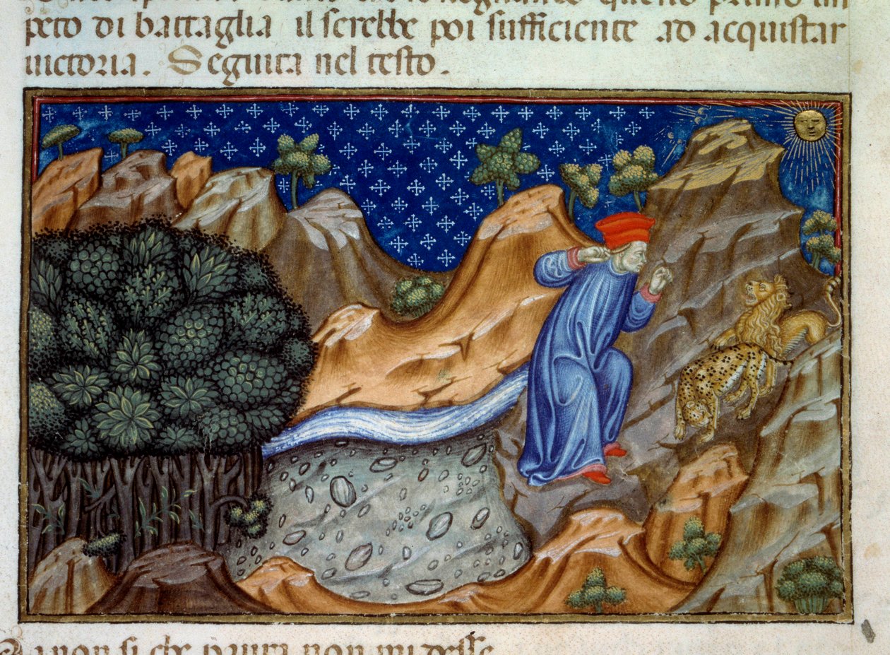 Første sang om helvede, en panter modsætter sig Dantes passage. Illustration af "" guddommelig komedie"" (Divina Commedia) af Dante Alighieri (1265-1321). Miniature fra et manuskript fra 1400-tallet. Paris, B.N. af Unknown artist
