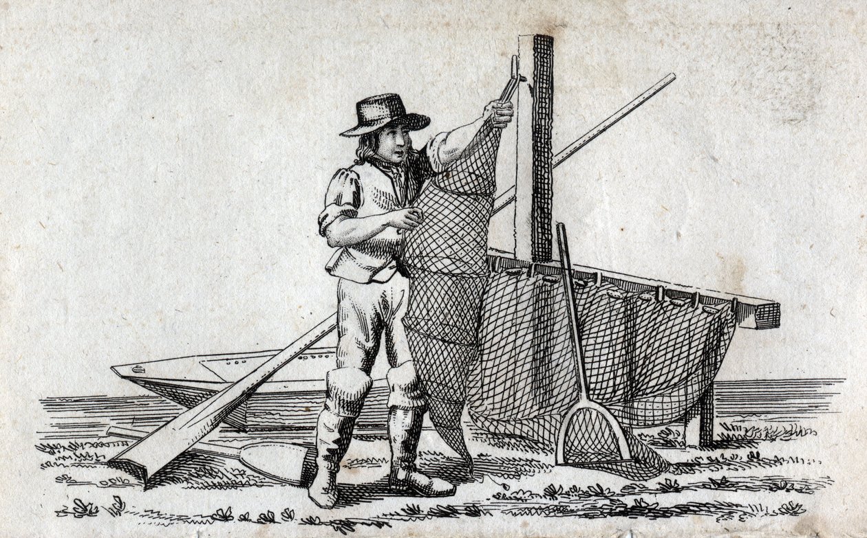 Fisker og fiskenet. Fint stik fra 1700-tallet. Privat samling. af Unknown artist