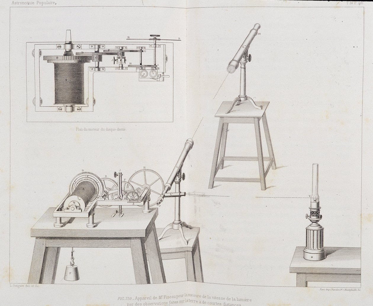 Fizeaus apparat til måling af lysets hastighed - i "" Populær astronomi"" af Francois Arago, Paris, Cide Publisher af Unknown artist
