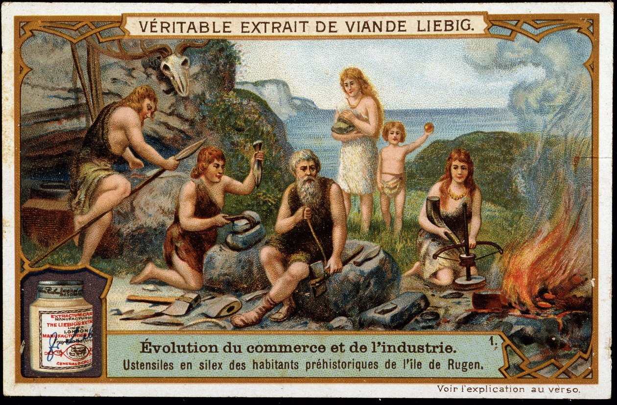 Flintredskaber fra de forhistoriske indbyggere på Rugen Island - Liebig-reklamemærke af Unknown artist