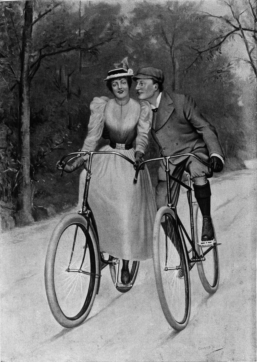 Flirt slutningen af århundredet: par en cykel - gravering af Unknown artist