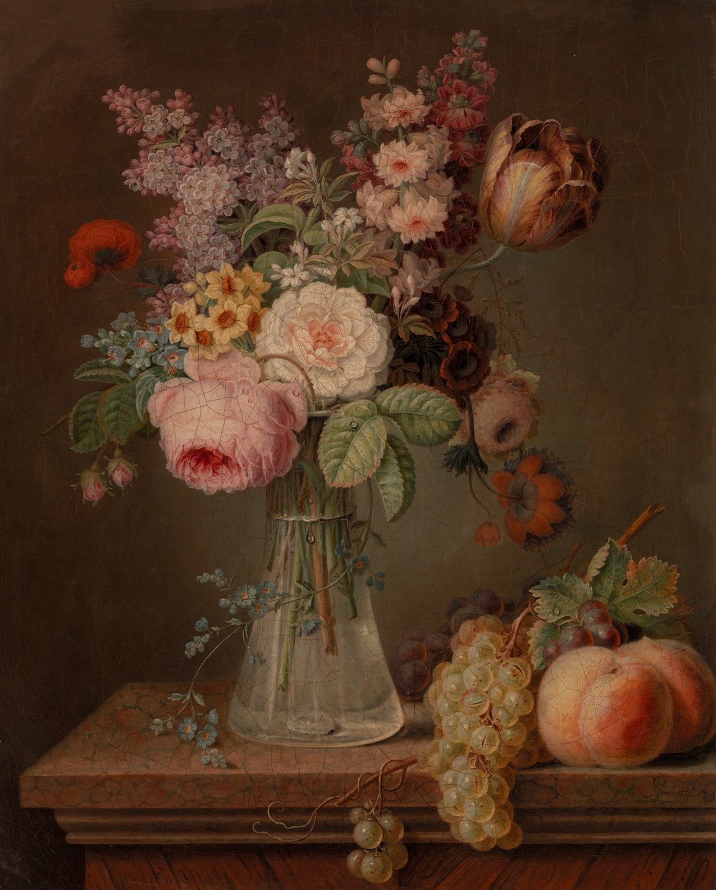 Blomsterstykke i glasvase af Unknown artist