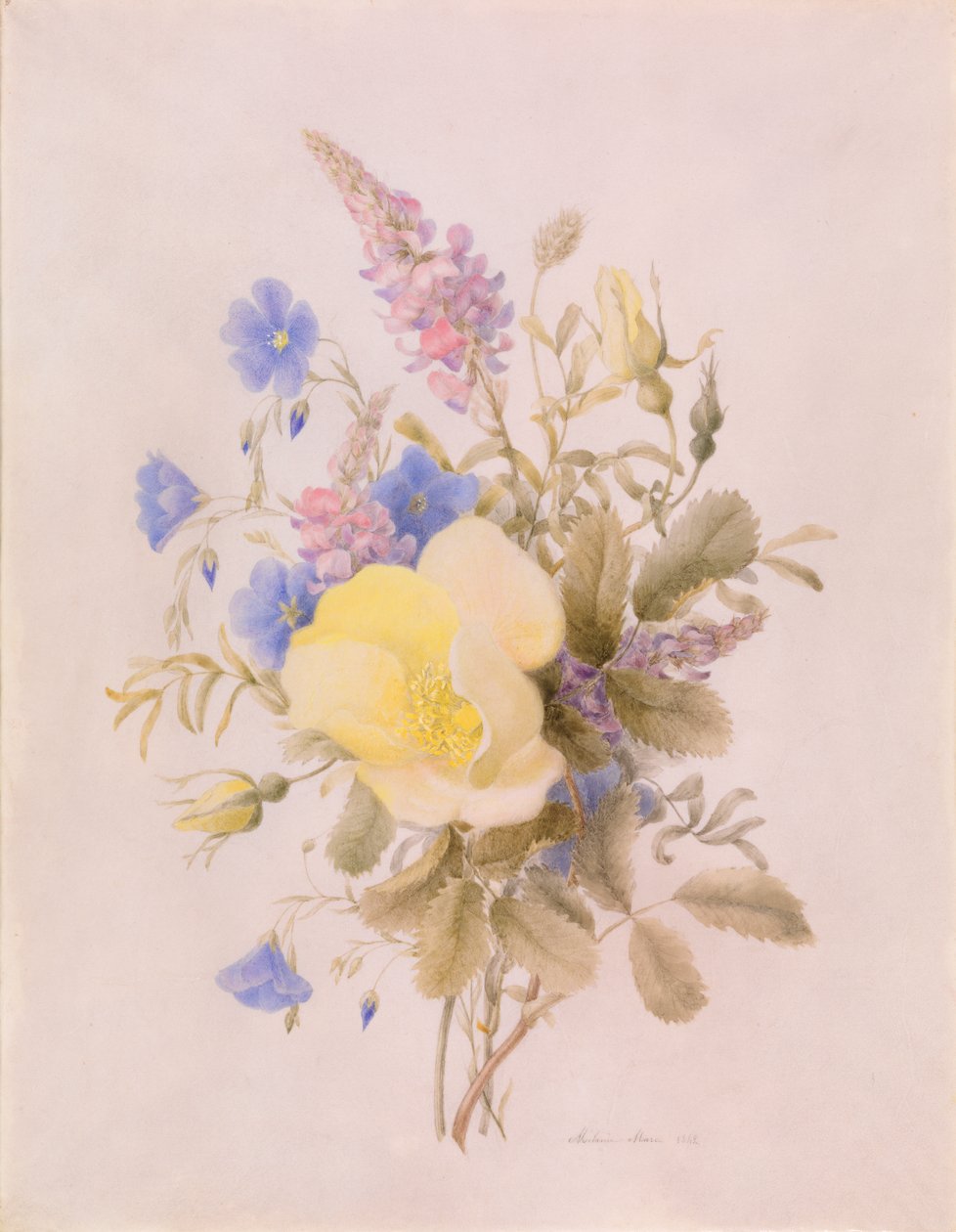 Blomster med gul rose af Unknown artist