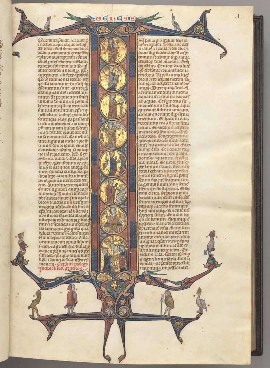 Fol. 1r, Genesis, med et historiserende initial I i fuld længde, der viser skabelsen og korsfæstelsen, alt på bruneret guldgrund, med diaperede rosa og blå rammer og spidse drage- og bladudvidelser øverst og nederst, hvorpå der sidder en vari af Unknown artist