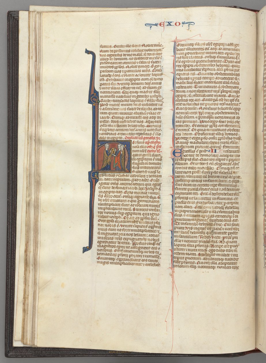 Fol. 20v, Exodus, historiseret initial H, Moses og to tilhængere med lovens tavler af Unknown artist