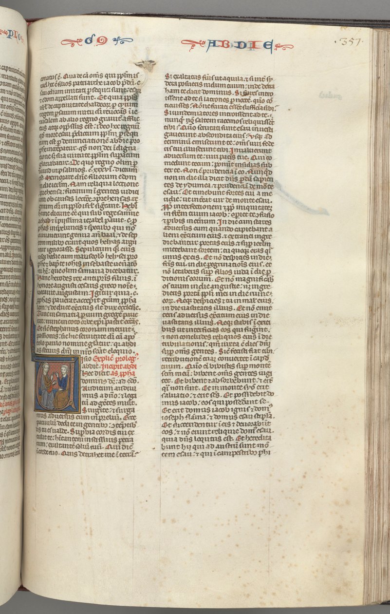 Fol. 357r, Obadiah, historiseret initial V, Obadiah og en jøde i diskussion af Unknown artist