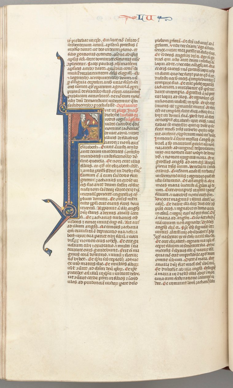 Fol. 412v, Luke, historiseret initial F, Luke beder ved et alter, buste af Gud over af Unknown artist