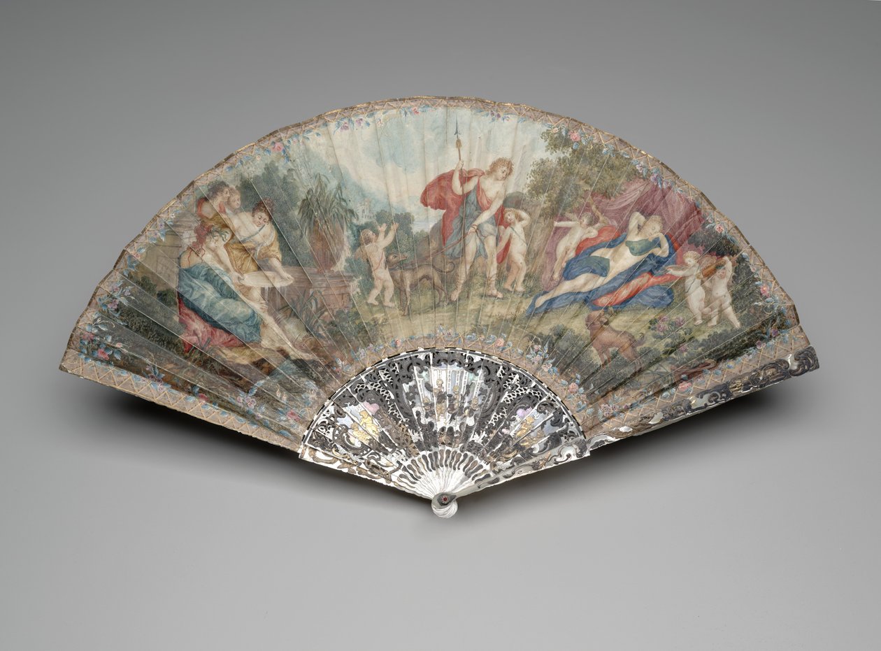 Foldevifte med "Adonis Ledet af Amorer til Venus," efter Francesco Albani, mount c.1720s-1730s, guards and sticks c.1740s-1750s (gouache & akvarel på dobbelt vellumblad, perlemor, forgyldning og klistret perle ) af Unknown artist