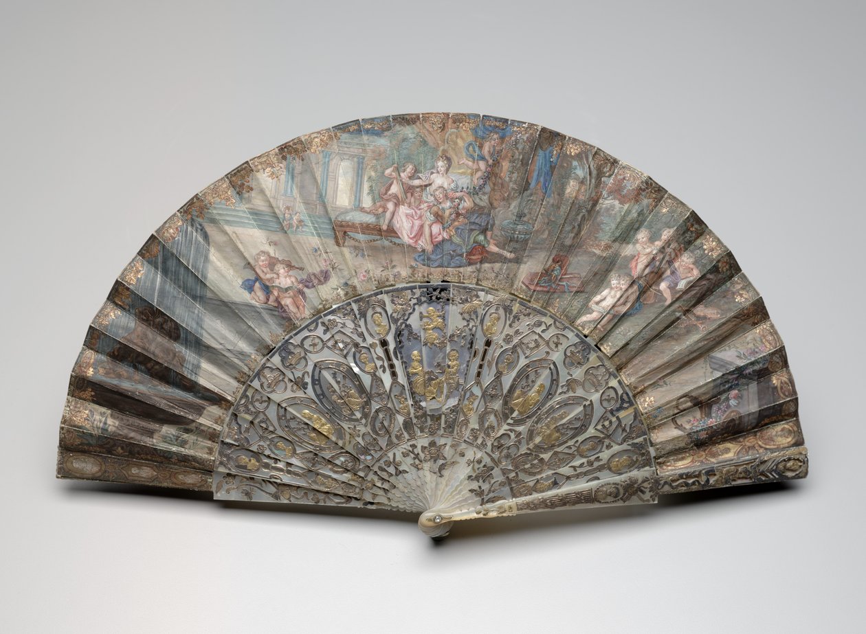 Foldevifte med "Rinaldo og Armida," efter François Boucher, ca. 1734-50 (gouache & w/c på dobbelt vellum & papirblad, perlemor, forgyldning og klistrede ædelstene) af Unknown artist