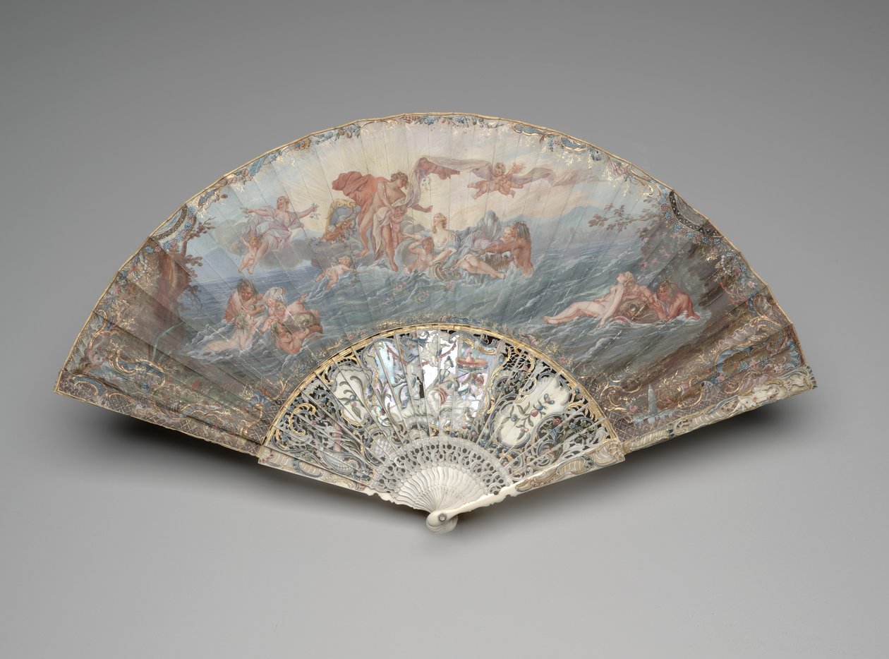 Foldevifte med "The Setting of the Sun," efter François Boucher, efter 1753 (gouache & w/c på enkelt pergamentblad, elfenben, forgyldning, gouache, perlemor og klistersten) af Unknown artist