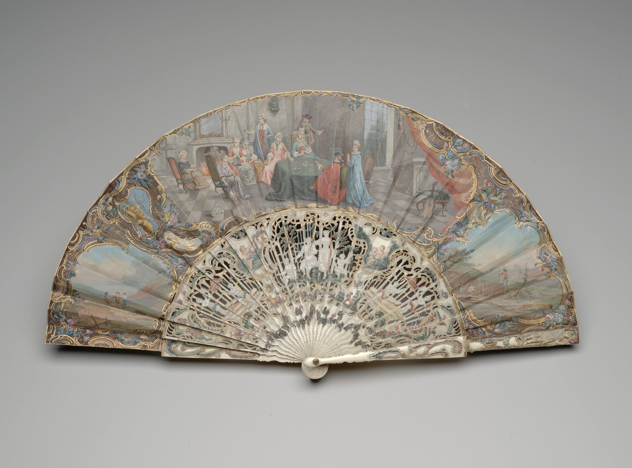 Foldevifte med en scene af kortspillere i et moderigtigt interiør, ca. 1740