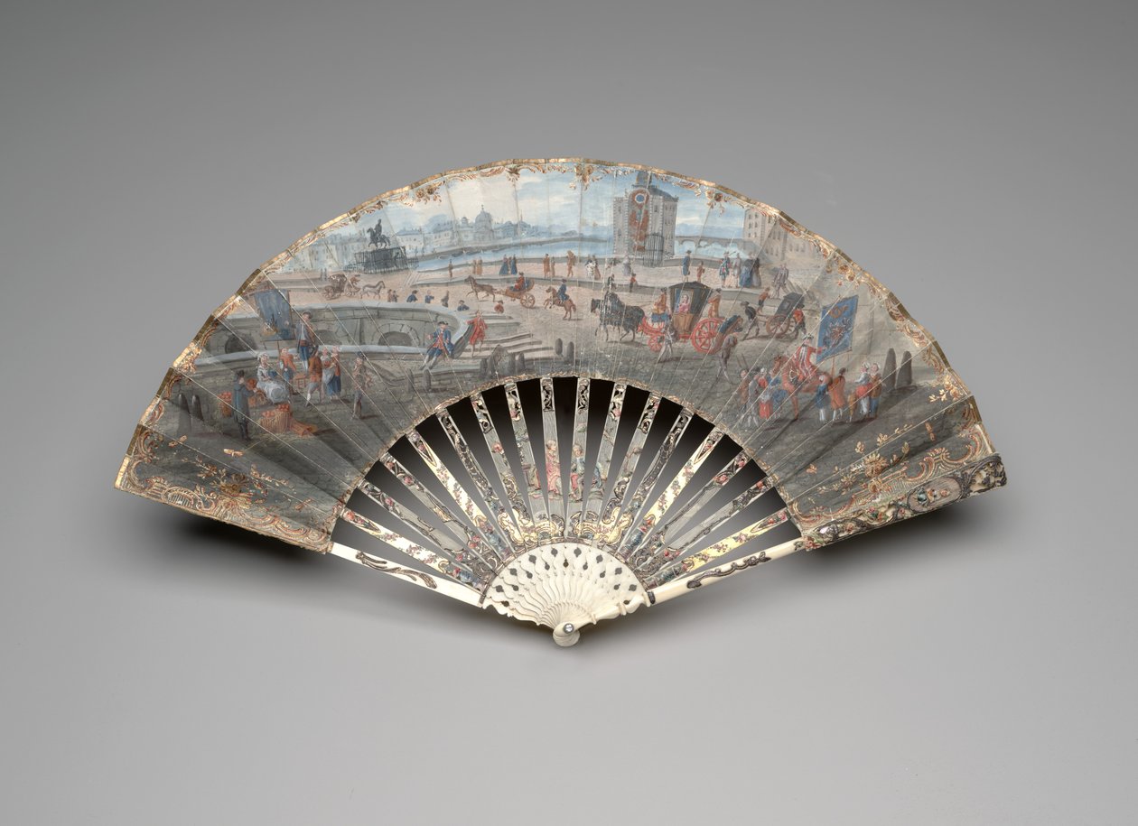 Foldevifte med udsigt til Pont Neuf, ca. 1755-60 (gouache & akvarel på dobbelt vellumblad, elfenben, forgyldning, gouache, perlemor og klistret ædelsten) af Unknown artist