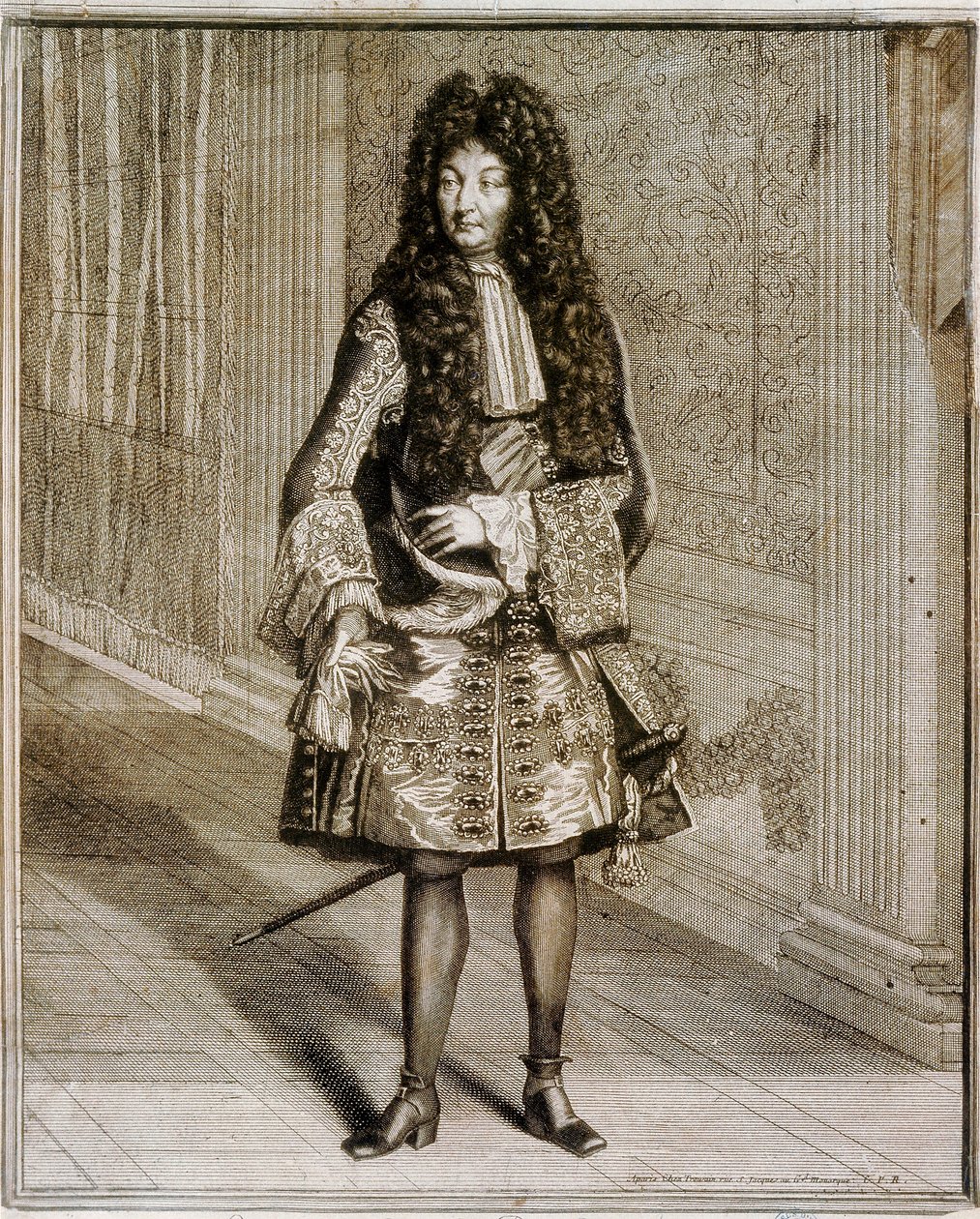 Fodportræt af kong Ludvig XIV, kendt som solkongen (1638-1715). 1700-tals stik. Nationalbiblioteket i Madrid. af Unknown artist