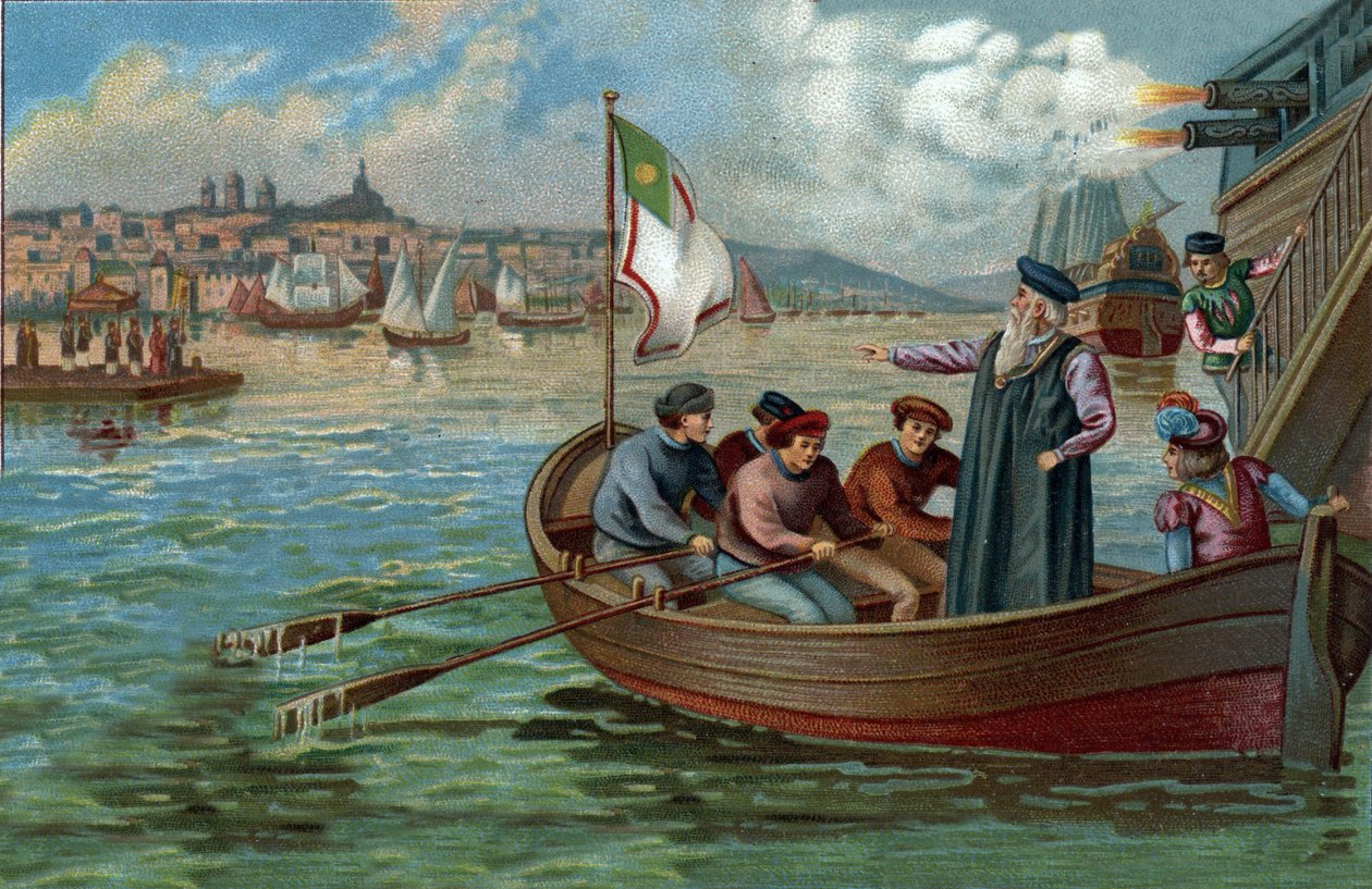 Tidligere indkøbscentre: Vasco de Gama (1469-1524), portugisisk navigatør, vender tilbage til Porto, Portugal. Kromolitografi i slutningen af det 19. århundrede af Unknown artist