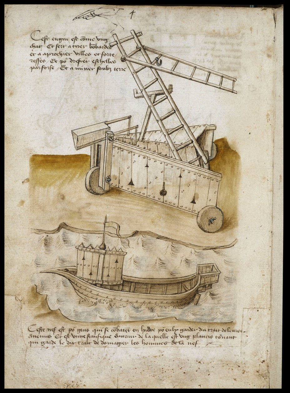 Fortress Approach and Ship - Manuskript: pergamentark af en ingeniørmanual til opførelse af civile, religiøse og militære bygninger, anonym, slutningen af det 15. århundrede (figur med kinesisk blæk) af Unknown artist