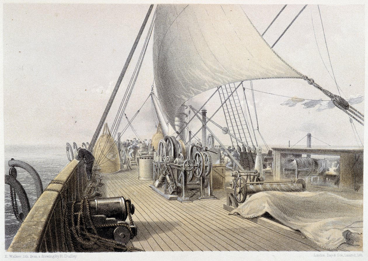 Forlæns dæk klaret til det sidste attemet ved grappling, 11. august 1858 - i "The Atlantic telegraph" af W. H. Russel, ca. 1860 af Unknown artist