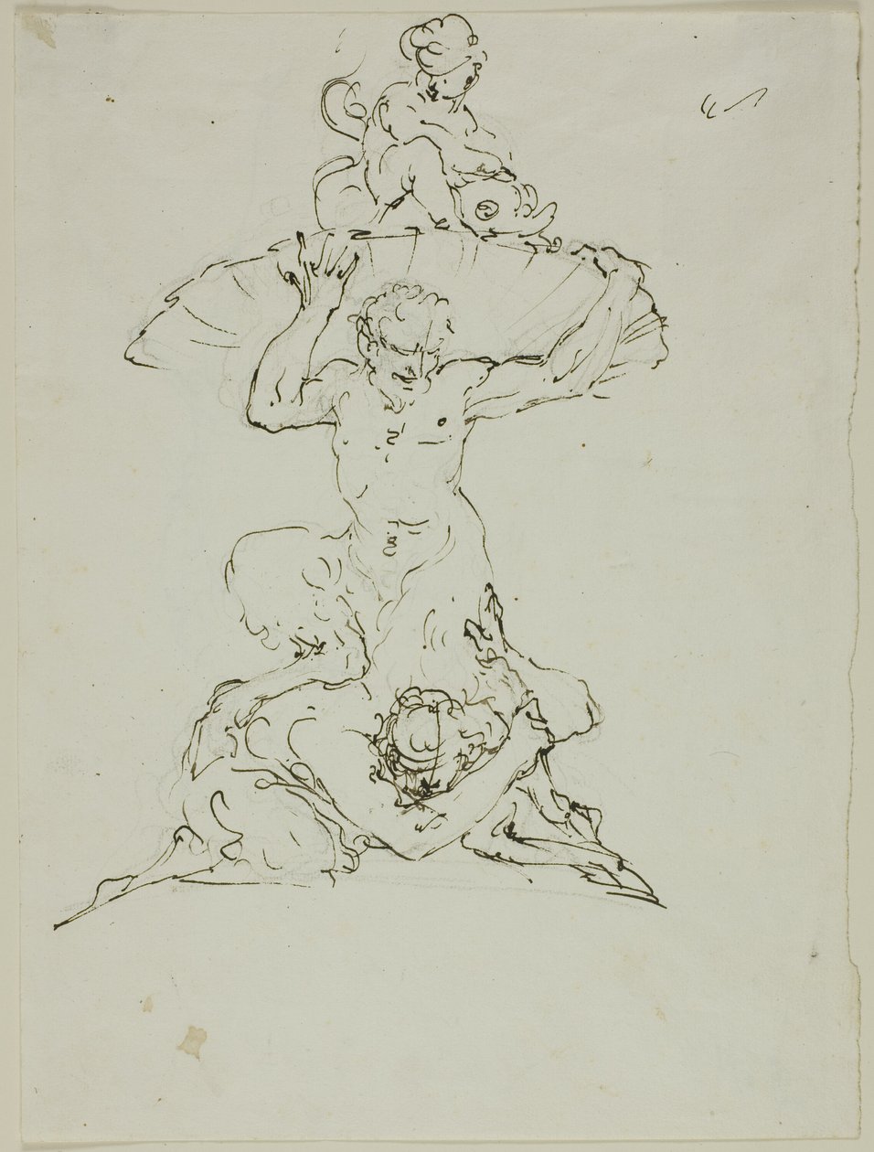 Fontæne med satyr og putto (recto); Punchinello (verso) af Unknown artist